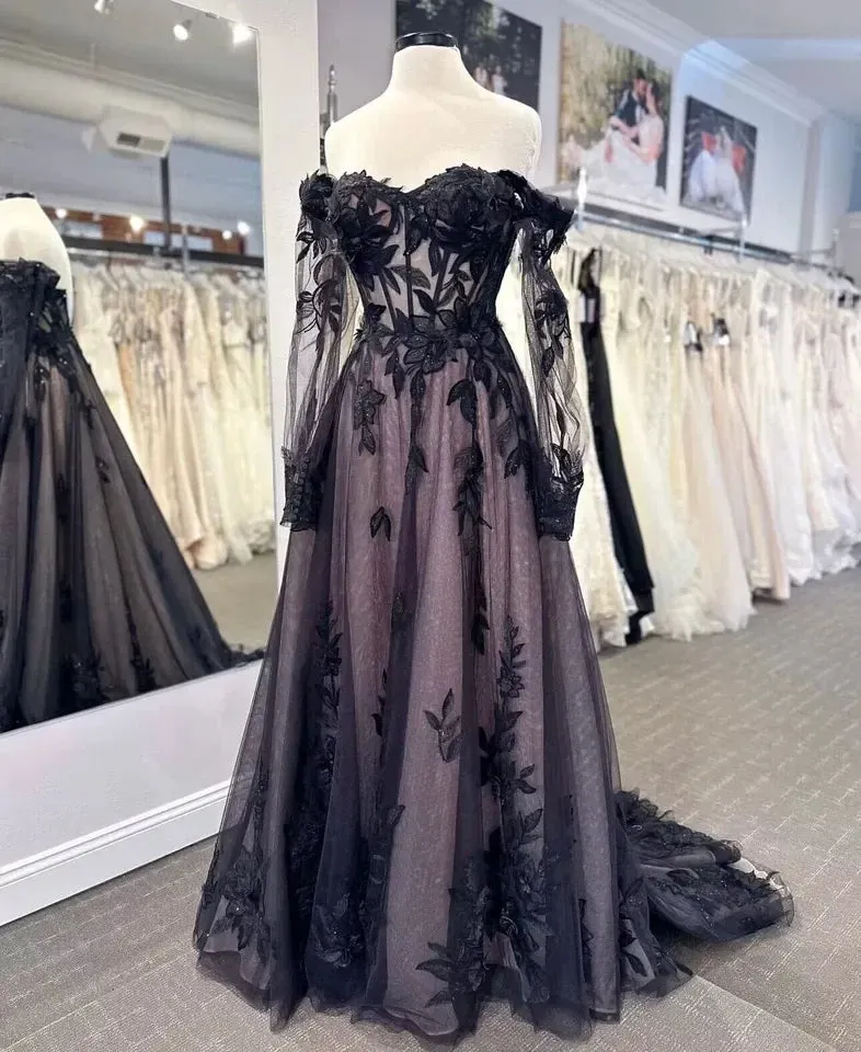 A Line Gothic Weddidng Black Dresses Lace with Detachable Sleeves sold by My Chic Dress product image thumbnail 2