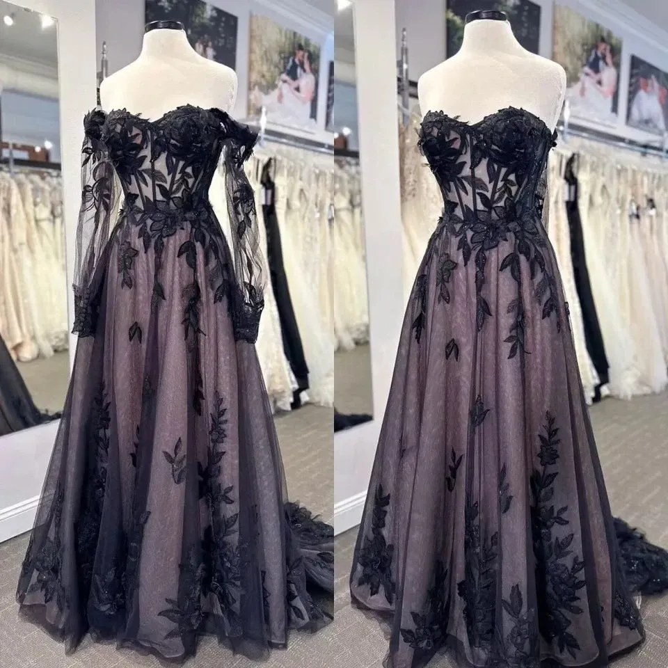 A Line Gothic Weddidng Black Dresses Lace with Detachable Sleeves sold by My Chic Dress product image thumbnail 3
