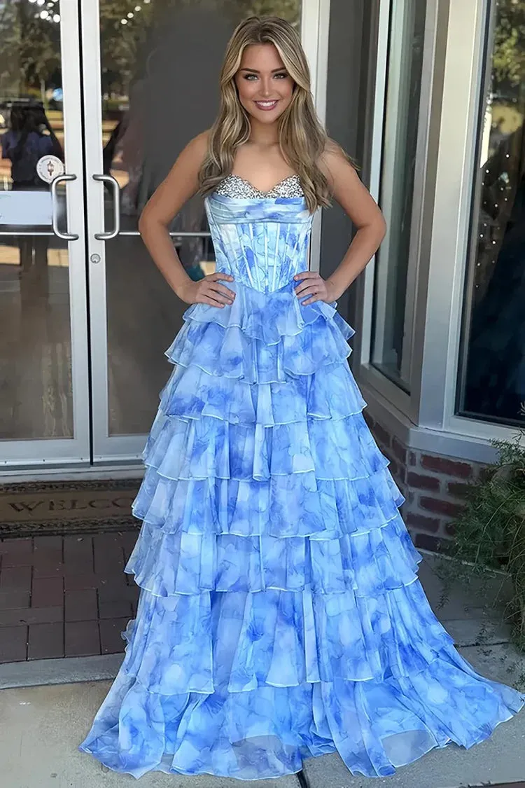 Purple Ruffle Floral Prom Dress 2026 Corset Beaded Sweetheart with Slit sold by My Chic Dress product image thumbnail 4