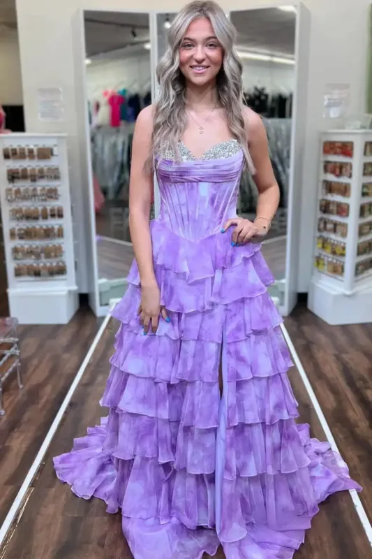 Purple Ruffle Floral Prom Dress 2026 Corset Beaded Sweetheart with Slit made by My Chic Dress