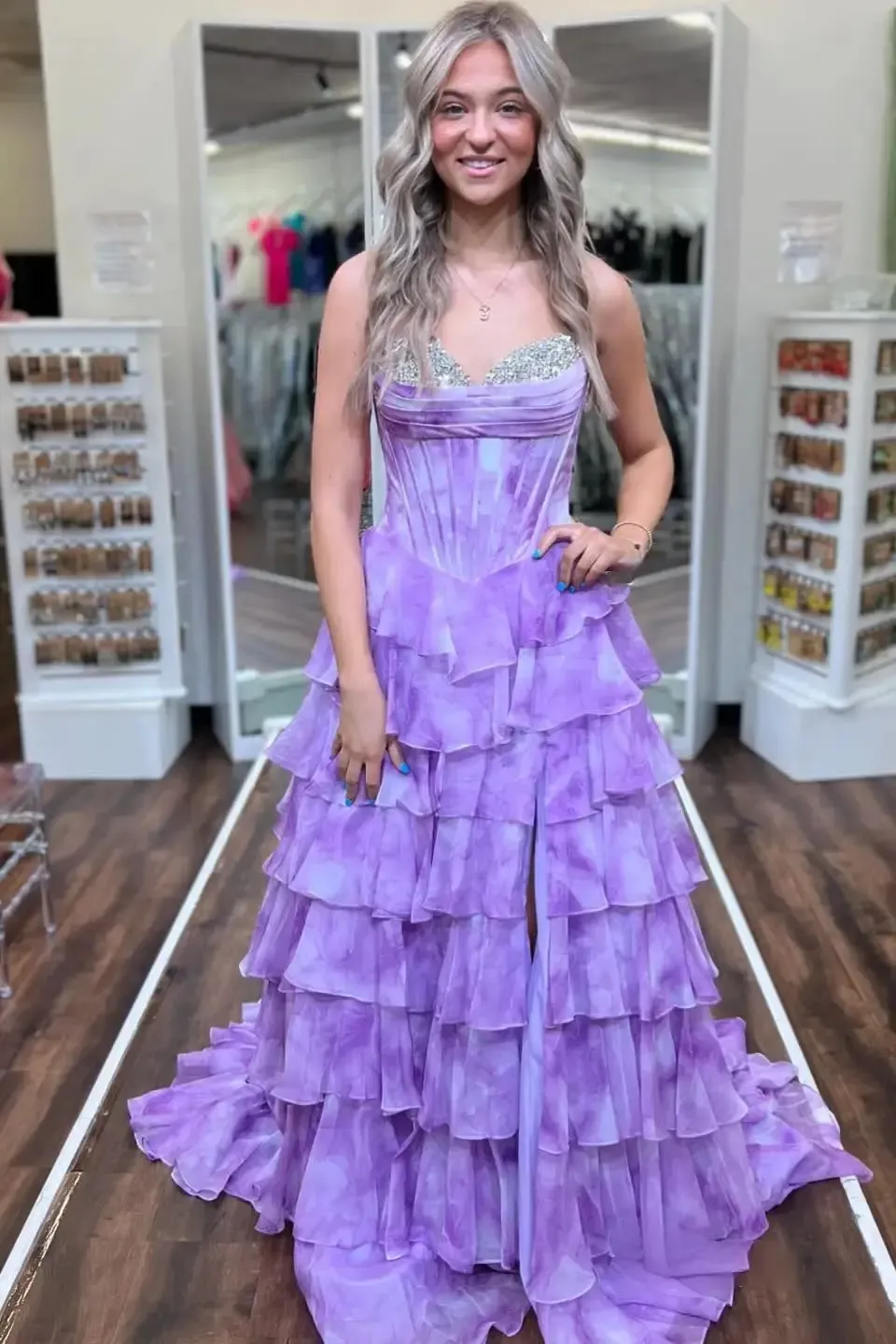 Purple Ruffle Floral Prom Dress 2026 Corset Beaded Sweetheart with Slit sold by My Chic Dress