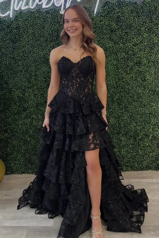 New Tiered Black Prom Dress Sequins Lace A Line Sweetheart with Slit made by My Chic Dress