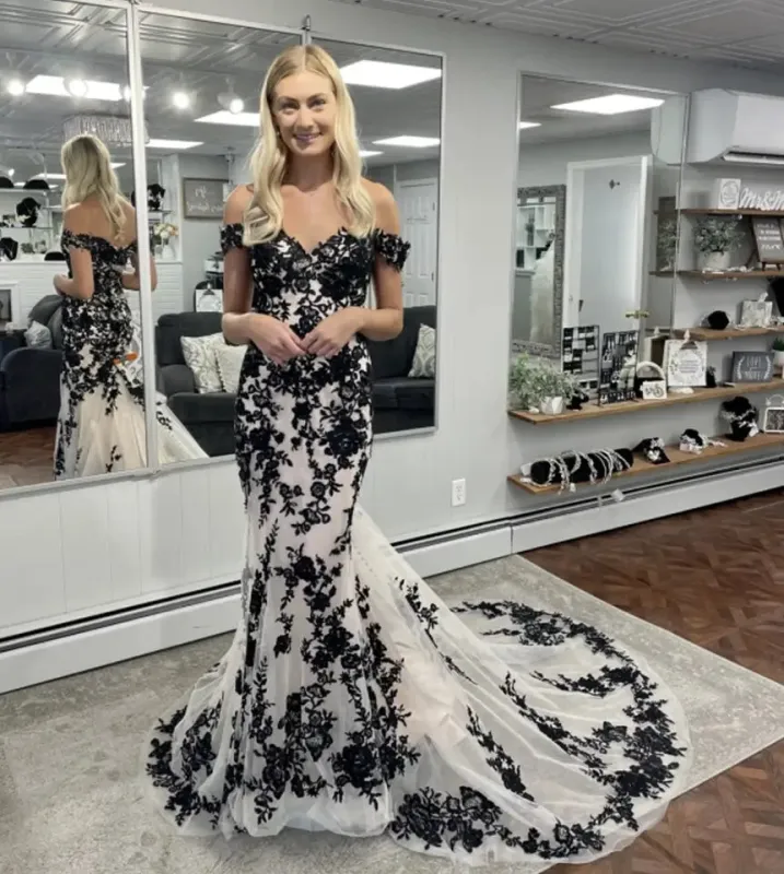 Gothic Lace Wedding Dresses Black Off Shoulder Mermaid Appliques sold by My Chic Dress