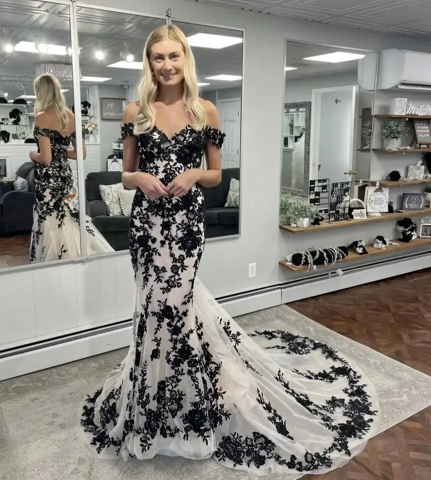 Gothic Lace Wedding Dresses Black Off Shoulder Mermaid Appliques sold by My Chic Dress