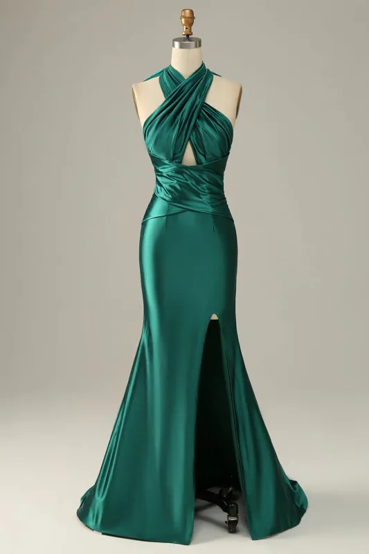 Halter Dark Green Prom Dresses Long Mermaid Evening Gown With Slit made by My Chic Dress
