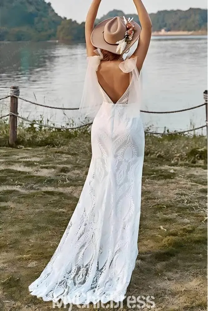 Women Lace Bohemian Wedding Dress Mermaid V-neck Tulle Straps sold by My Chic Dress product image thumbnail 5