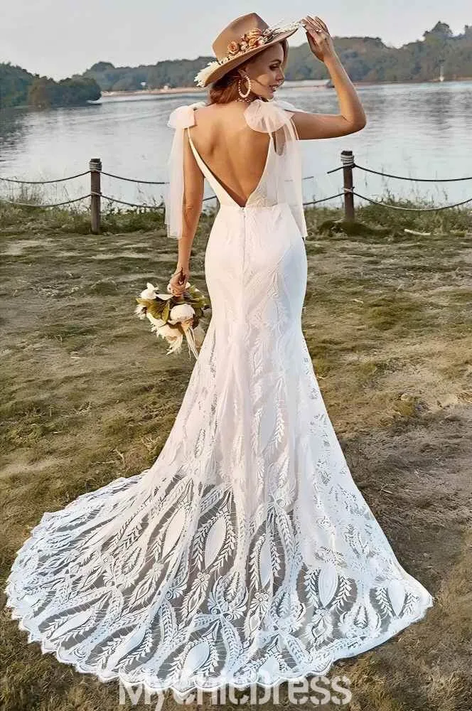 Women Lace Bohemian Wedding Dress Mermaid V-neck Tulle Straps sold by My Chic Dress product image thumbnail 2