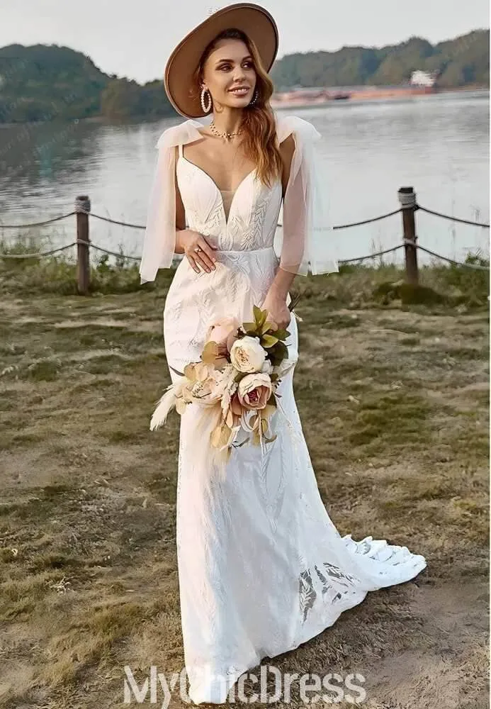 Women Lace Bohemian Wedding Dress Mermaid V-neck Tulle Straps sold by My Chic Dress product image thumbnail 3