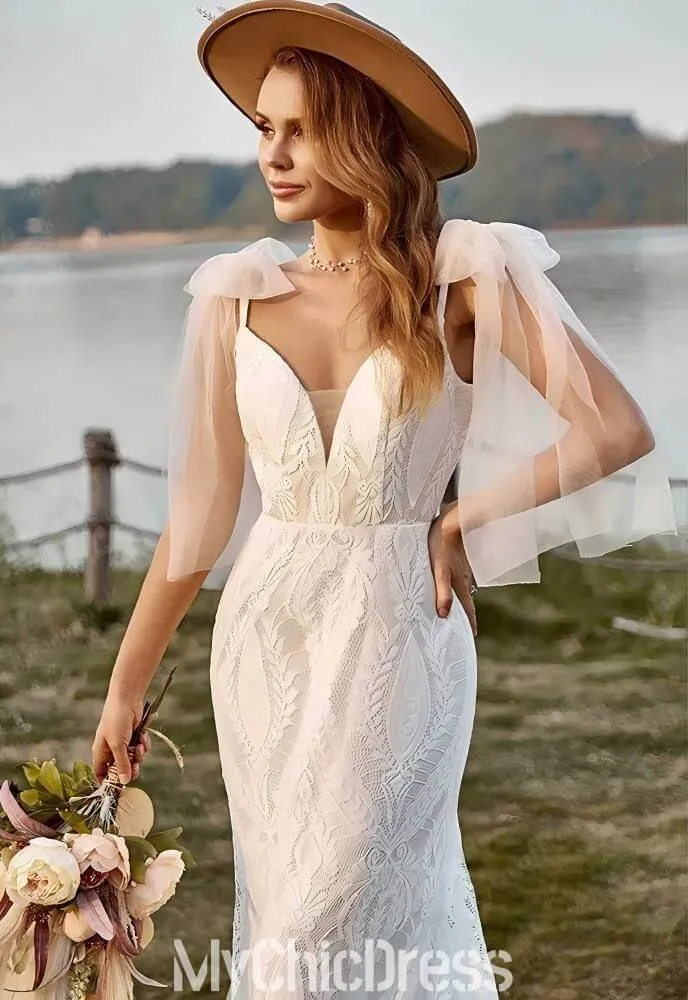 Women Lace Bohemian Wedding Dress Mermaid V-neck Tulle Straps sold by My Chic Dress product image thumbnail 4