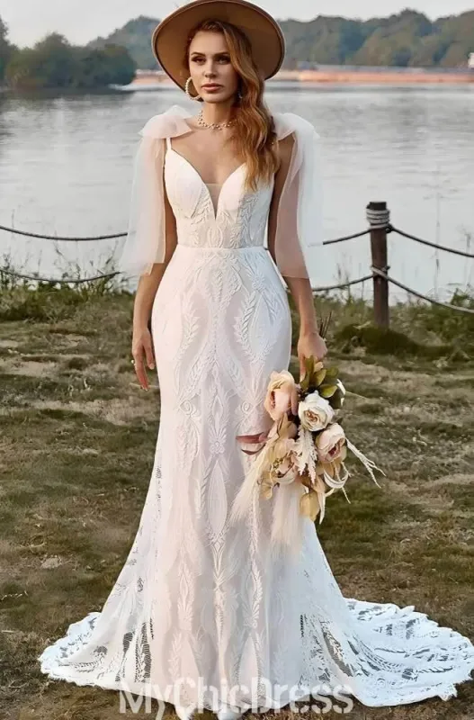 Women Lace Bohemian Wedding Dress Mermaid V-neck Tulle Straps made by My Chic Dress