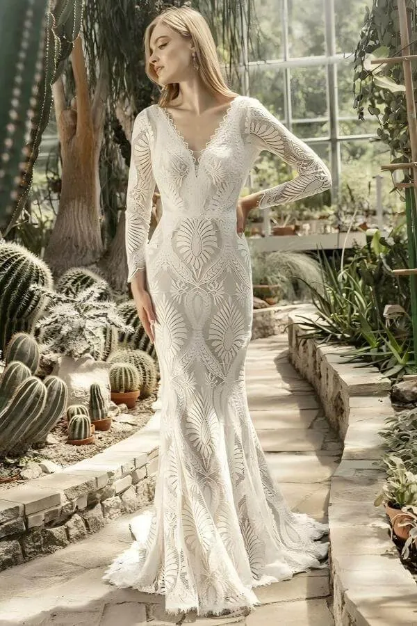 Long Sleeve Boho Wedding Gown Lace Mermaid V-Neck for Bride sold by My Chic Dress