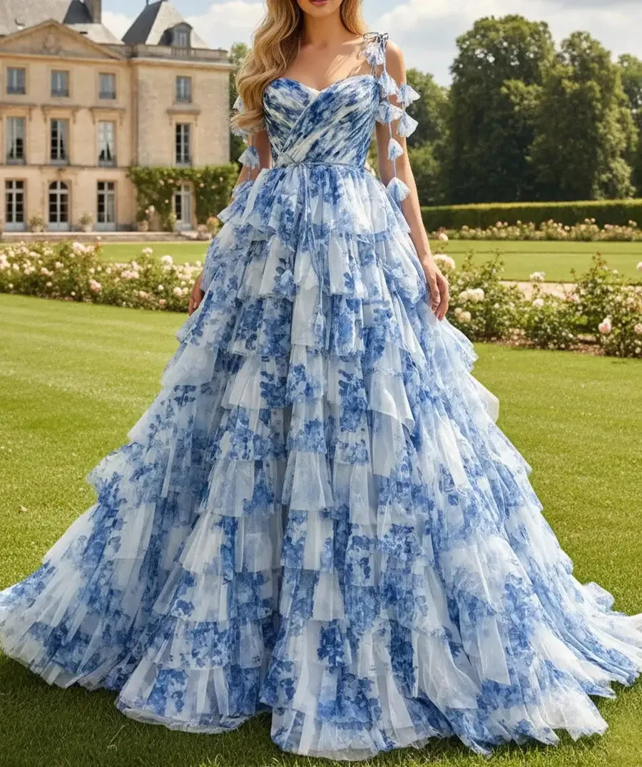 A-Line Tiered Floral Print Blue Evening Dresses with Ruffles sold by My Chic Dress product image thumbnail 3