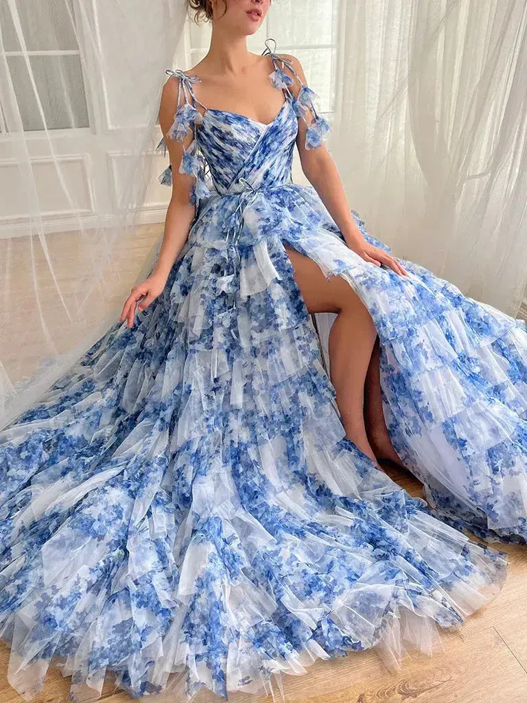 A-Line Tiered Floral Print Blue Evening Dresses with Ruffles sold by My Chic Dress product image thumbnail 4