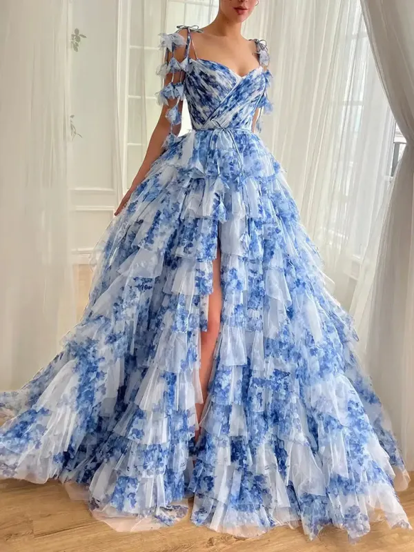 A-Line Tiered Floral Print Blue Evening Dresses with Ruffles made by My Chic Dress