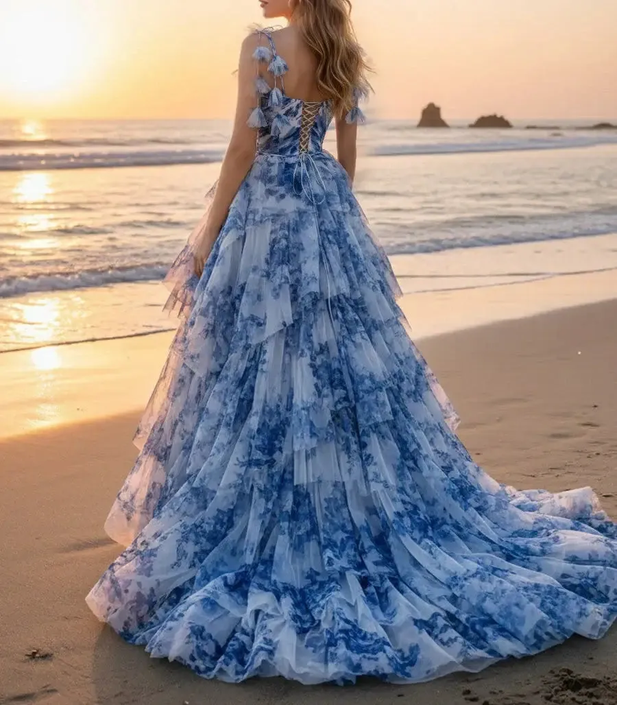 A-Line Tiered Floral Print Blue Evening Dresses with Ruffles sold by My Chic Dress product image thumbnail 2