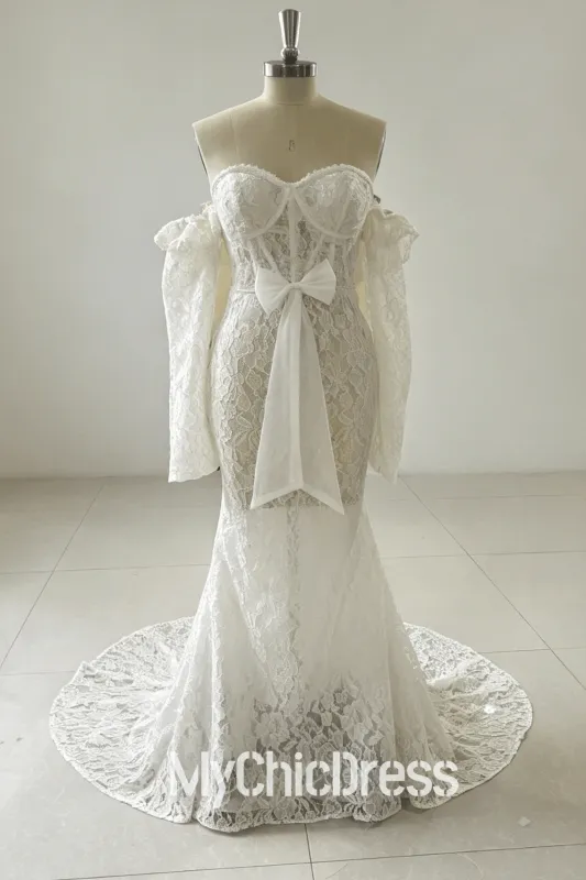Charming Ivory Lace Boho Wedding Dresses Long Sleeves With Bow made by My Chic Dress