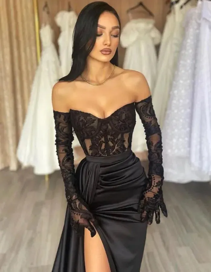Long Sleeves Black Mermaid Lace Prom Dress Off-shoulder With Slit sold by My Chic Dress product image thumbnail 2