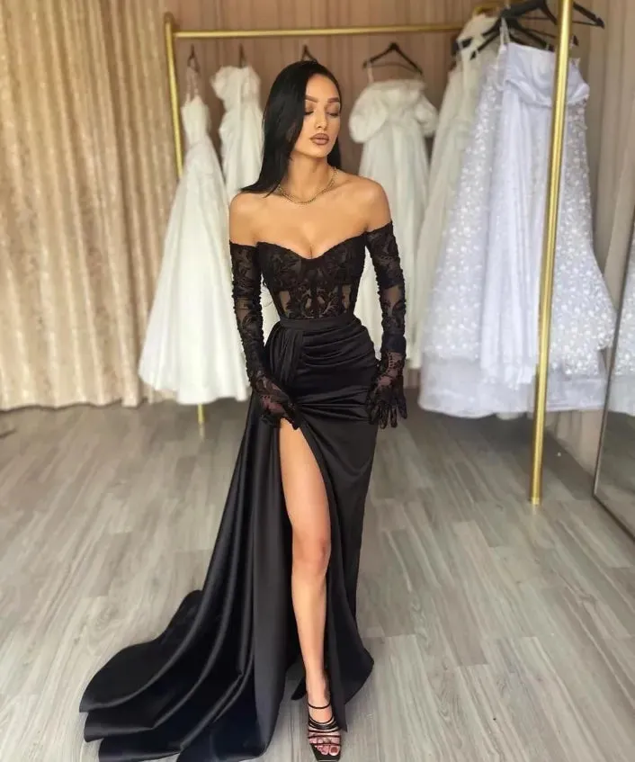 Long Sleeves Black Mermaid Lace Prom Dress Off-shoulder With Slit sold by My Chic Dress