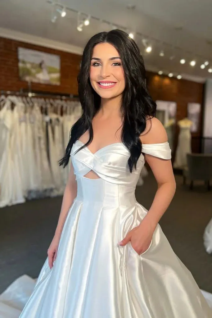 Minimalist White Country Wedding Dresses Satin Off-the-Shoulder with Pockets sold by My Chic Dress product image thumbnail 2