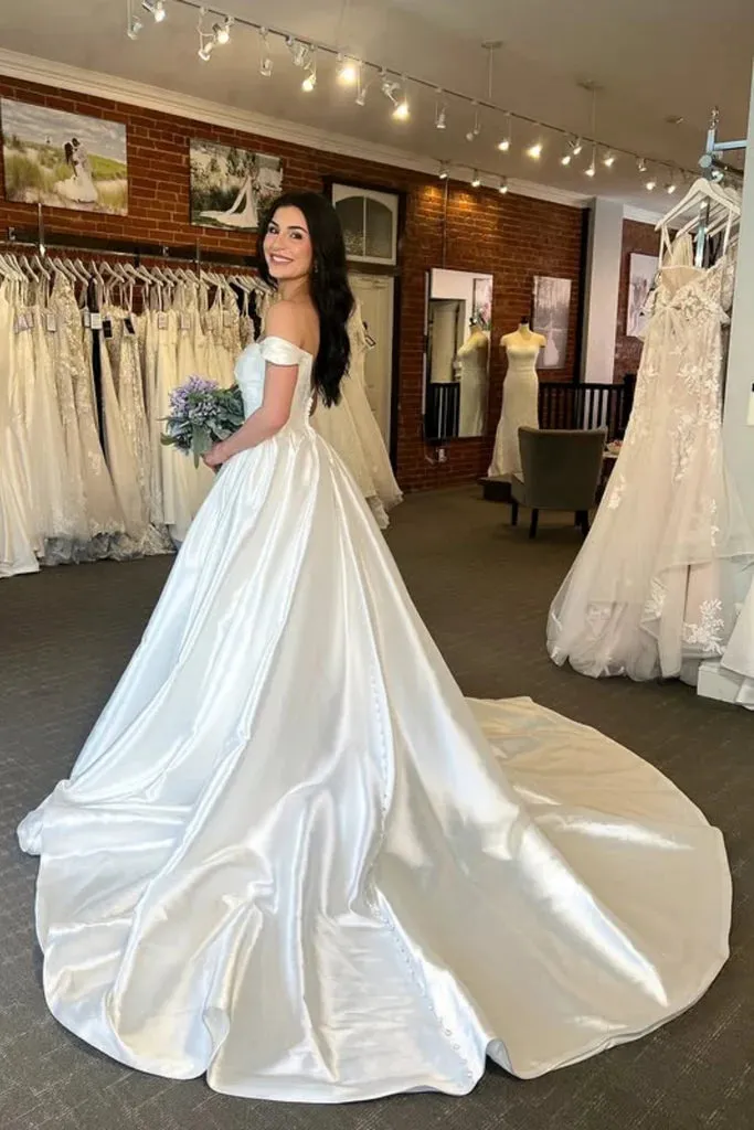 Minimalist White Country Wedding Dresses Satin Off-the-Shoulder with Pockets sold by My Chic Dress product image thumbnail 3