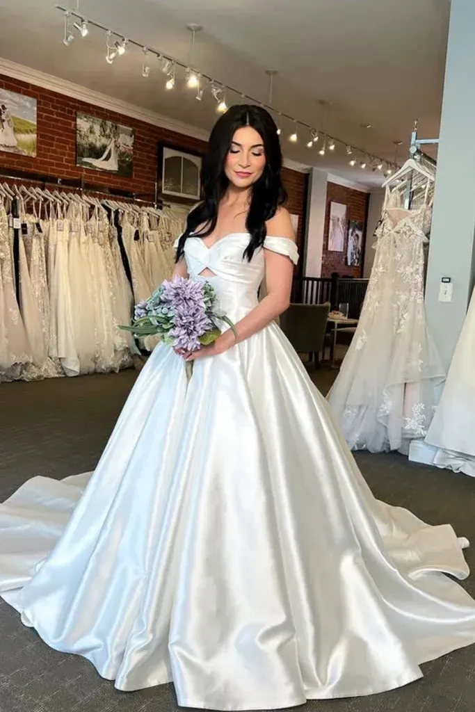 Minimalist White Country Wedding Dresses Satin Off-the-Shoulder with Pockets sold by My Chic Dress