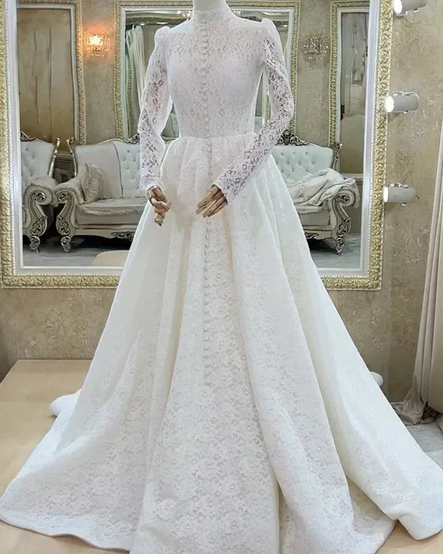 Unique Modest Lace Long Sleeve Muslim Wedding Dress High Neck made by My Chic Dress