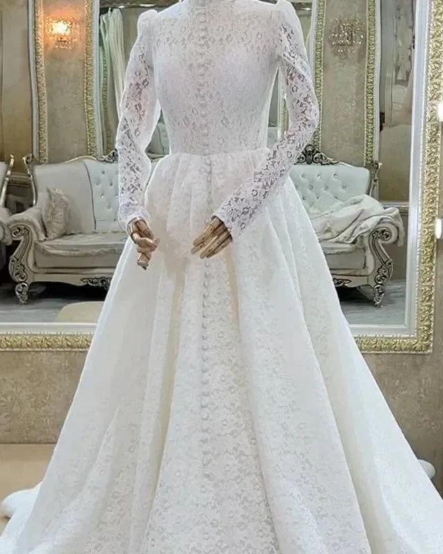 Unique Modest Lace Long Sleeve Muslim Wedding Dress High Neck sold by My Chic Dress product image thumbnail 2