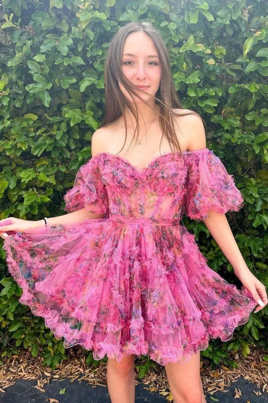 A Line Floral Cocktail Dress Off-Shoulder Pink Short Homecoming Dress made by My Chic Dress