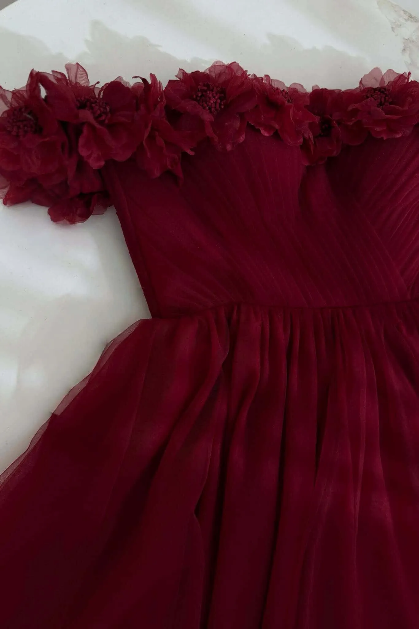 Burgundy Formal Dress Tulle Off the Shoulder Midi Wedding Guest Dress sold by My Chic Dress product image thumbnail 2