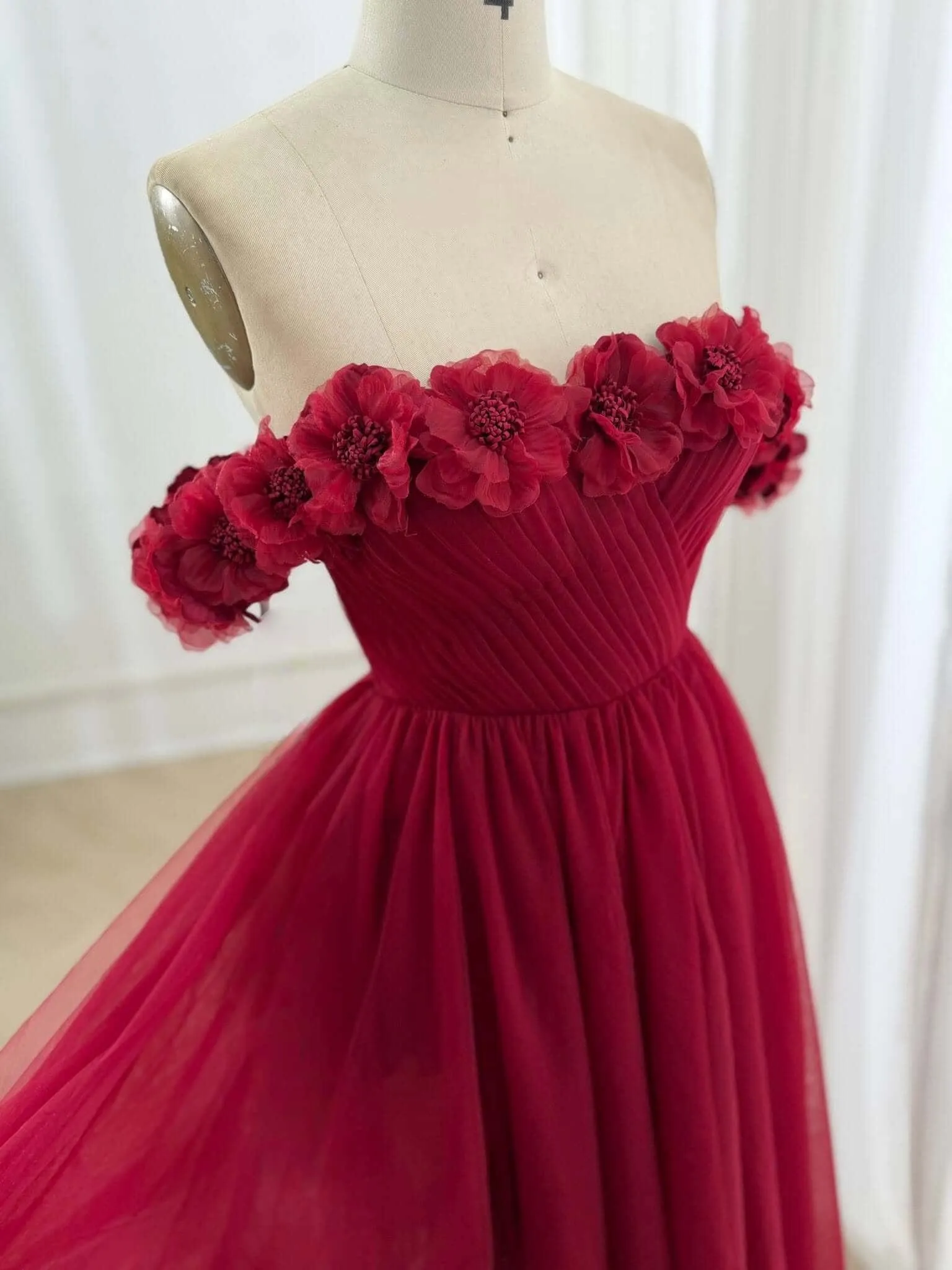 Burgundy Formal Dress Tulle Off the Shoulder Midi Wedding Guest Dress sold by My Chic Dress product image thumbnail 3