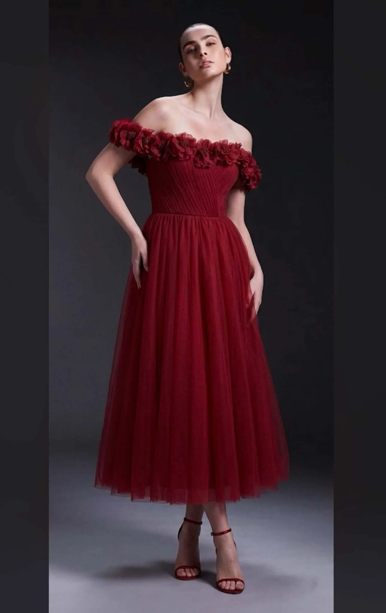 Burgundy Formal Dress Tulle Off the Shoulder Midi Wedding Guest Dress sold by My Chic Dress