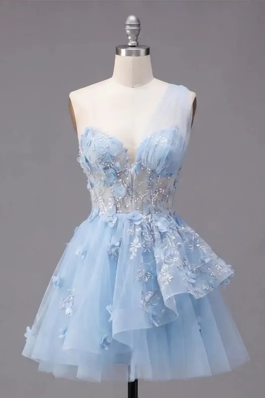 Trendy Blue Short Corset Floral Homecoming Dress One Shoulder Beaded A Line with Ruffles made by My Chic Dress