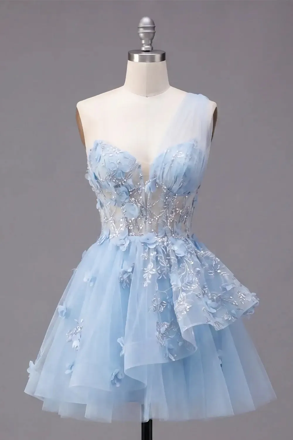 Trendy Blue Short Corset Floral Homecoming Dress One Shoulder Beaded A Line with Ruffles sold by My Chic Dress