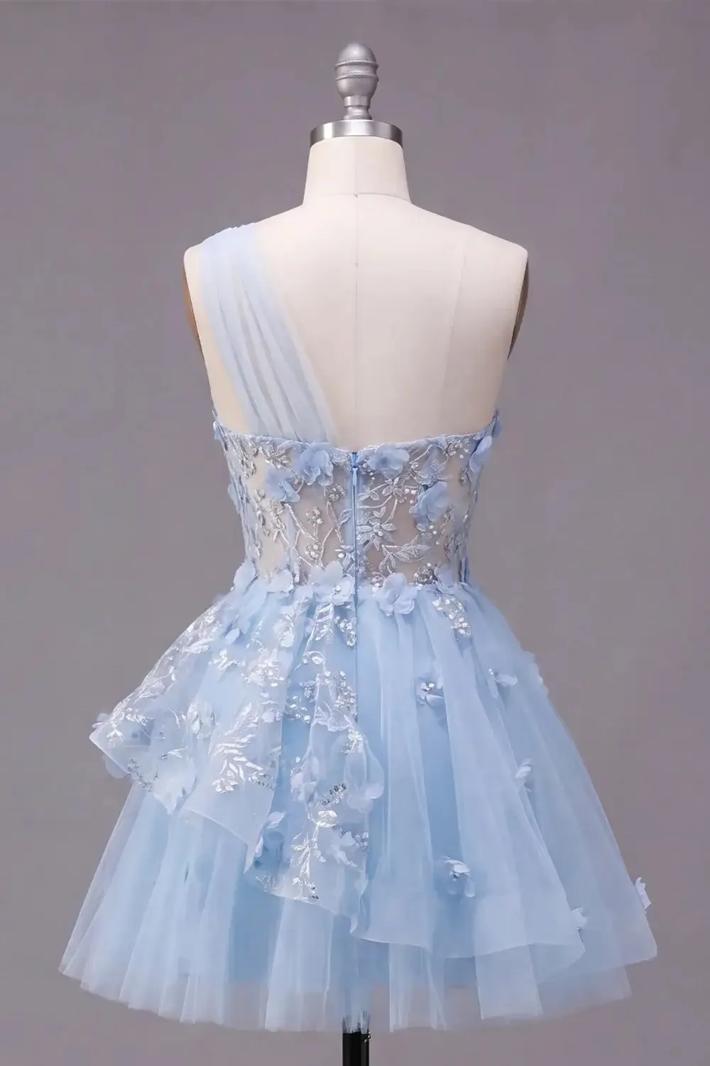 Trendy Blue Short Corset Floral Homecoming Dress One Shoulder Beaded A Line with Ruffles sold by My Chic Dress product image thumbnail 2