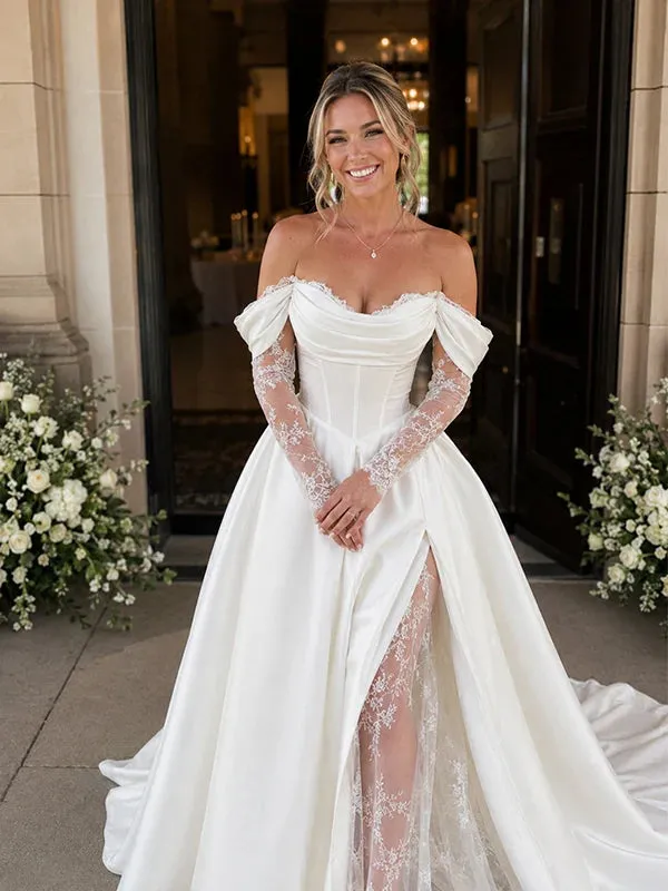 Off-Shoulder Long Sleeves Boho Wedding Dress Corset Lace Satin made by My Chic Dress
