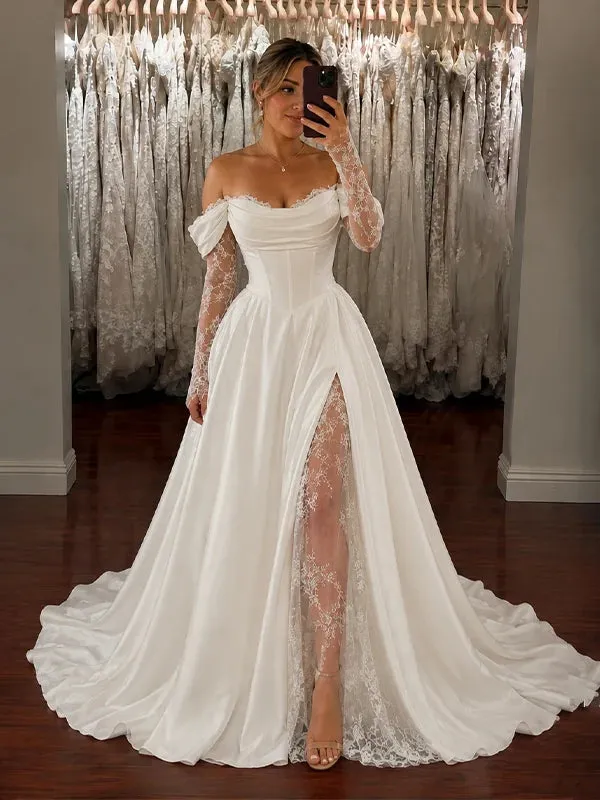 Off-Shoulder Long Sleeves Boho Wedding Dress Corset Lace Satin sold by My Chic Dress product image thumbnail 2