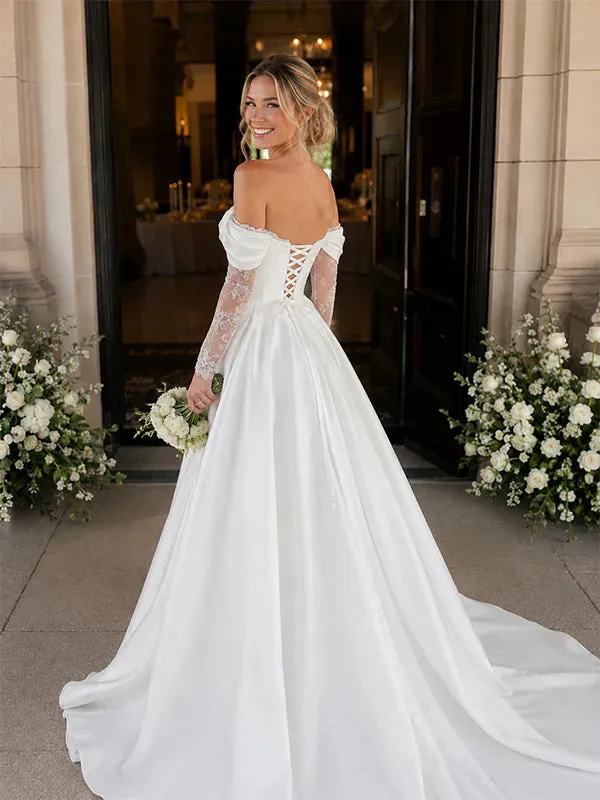 Off-Shoulder Long Sleeves Boho Wedding Dress Corset Lace Satin sold by My Chic Dress product image thumbnail 3
