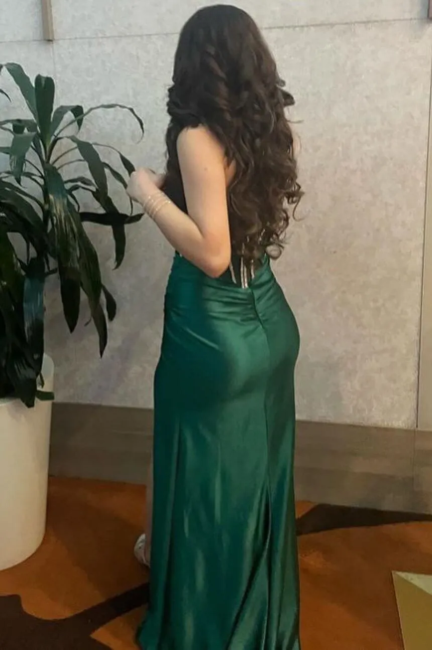 Long Beads Corset Evening Dress Green V-Neck Prom Dress Pleated sold by My Chic Dress product image thumbnail 2