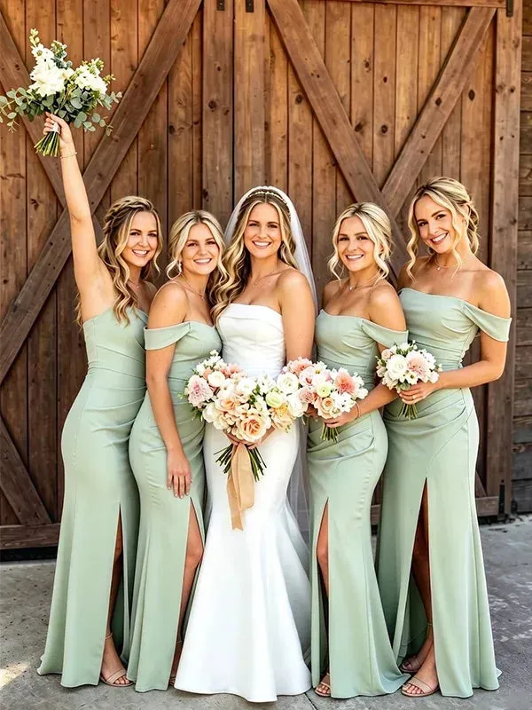 Sexy Green Satin Bridesmaid Dress Off Shoulder Pleated with Slit made by My Chic Dress