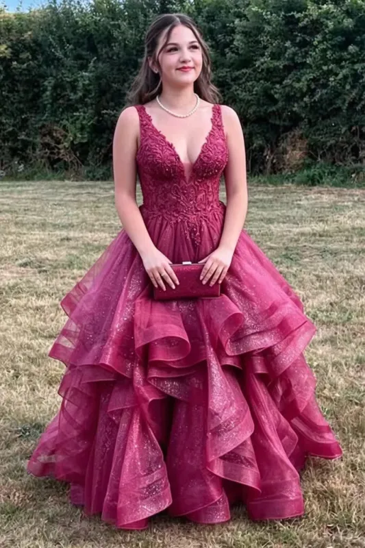 Long Maroon Formal Dress Lace V Neck Prom Dress Ruffles made by My Chic Dress