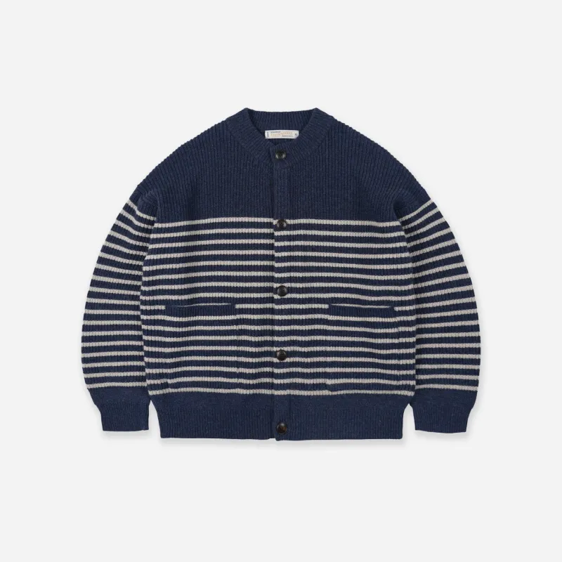 WOOL STRIPE ROUND CARDIGAN - NAVY made by FrizmWORKS