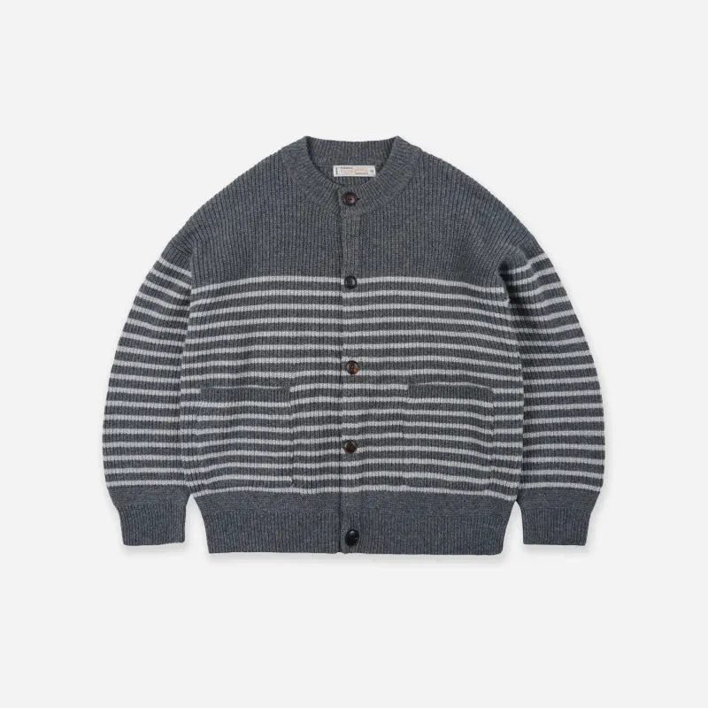 WOOL STRIPE ROUND CARDIGAN - CHARCOAL made by FrizmWORKS