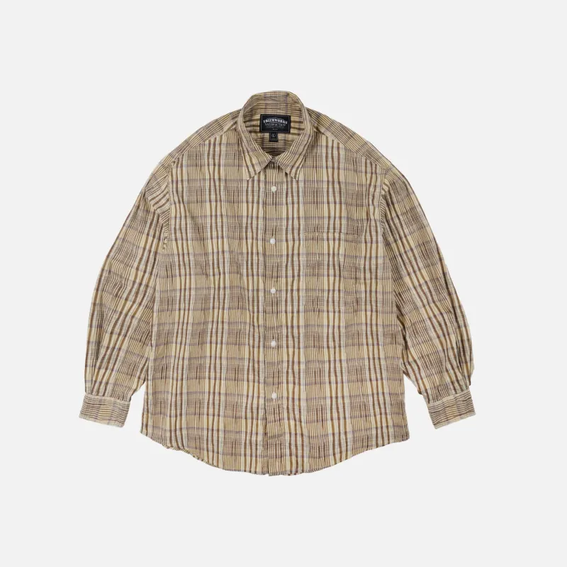 GATHERED SEERSUCKER CHECK SHIRT - BEIGE made by FrizmWORKS