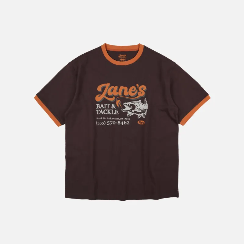 ZANE'S BAIT & TACKLE RINGER T-SHIRT - BROWN made by FrizmWORKS