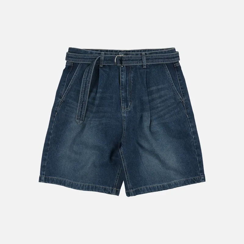 LYOCELL BELTED DENIM SHORTS - MID BLUE made by FrizmWORKS