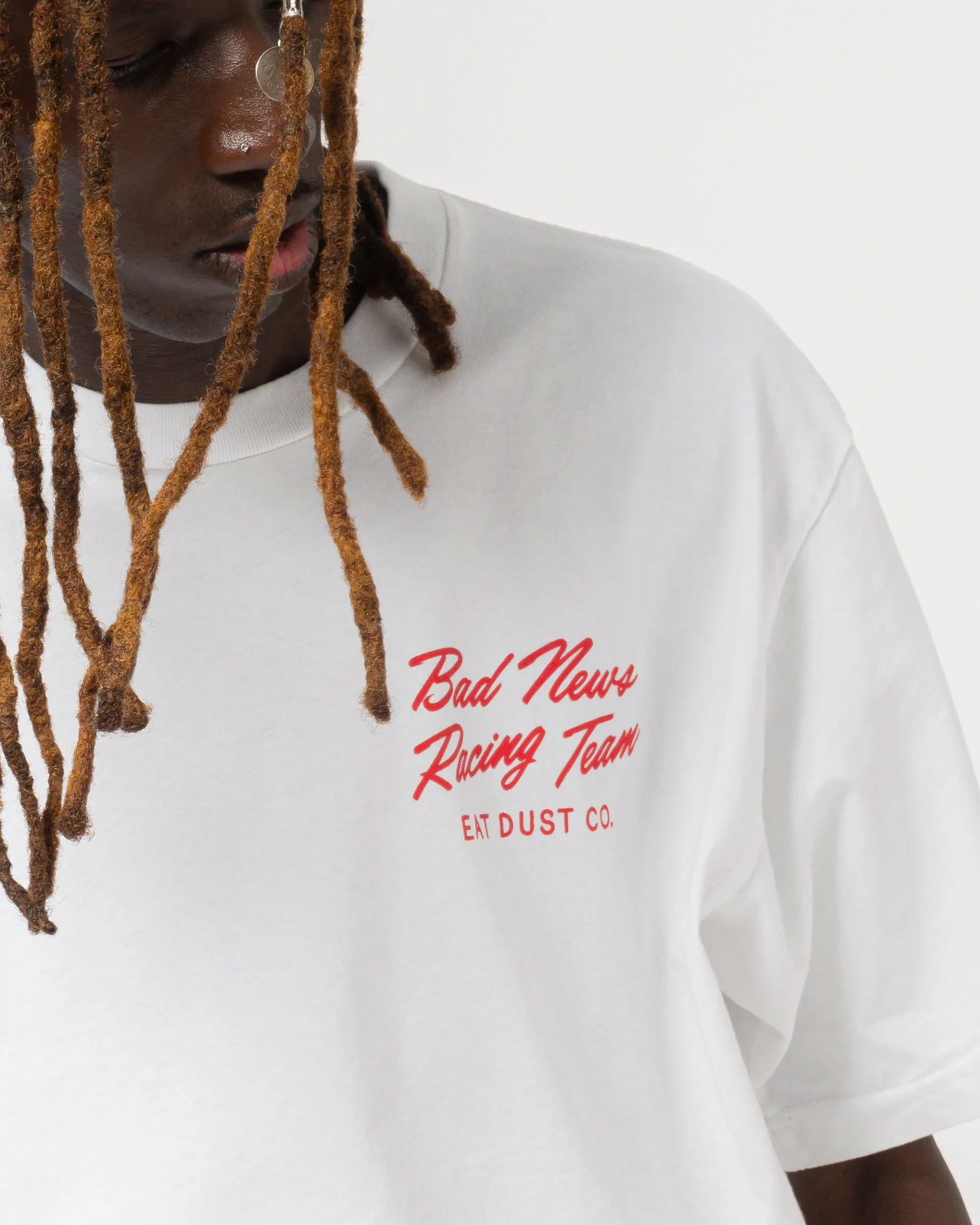 Bad News Racing Tee Open End White sold by Eat Dust product image thumbnail 4