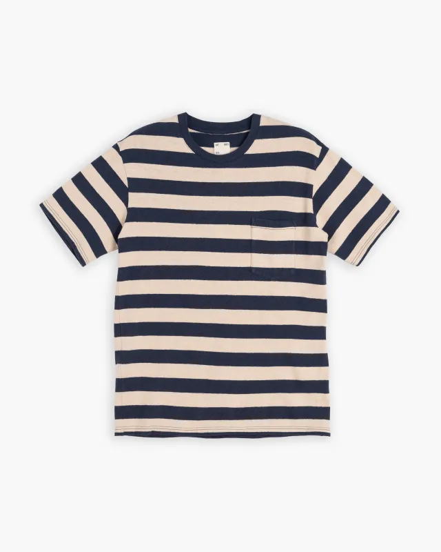 Pocket T Stripe Cotton Linen India Blue/Wheat made by Eat Dust