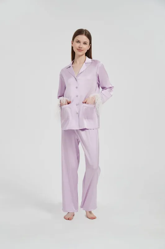 purple satin silk pajamas without Ostrich feather sold by High Tune
