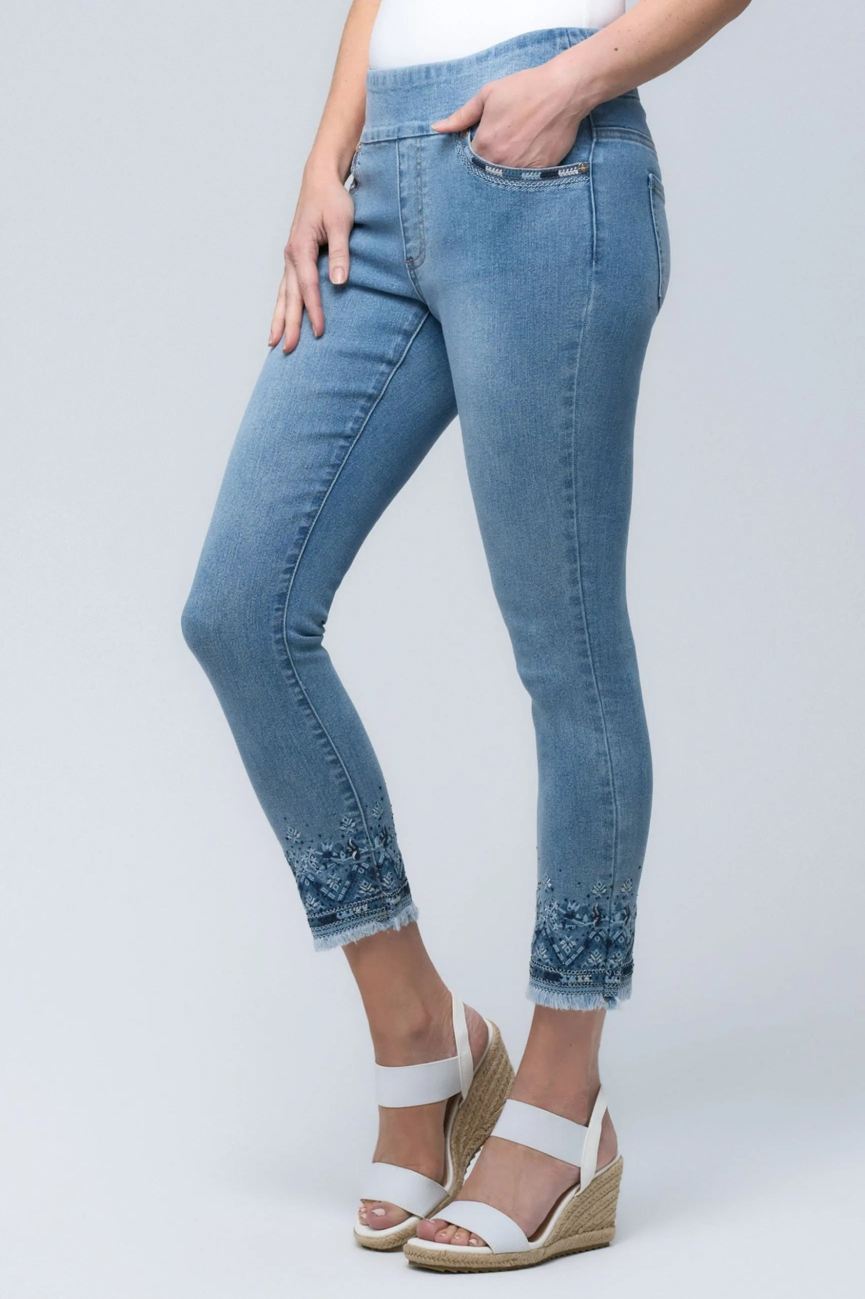 Ankle Pull-On Light Blue Jeans With Aztec Embroidery sold by Blue Faithful product image thumbnail 3