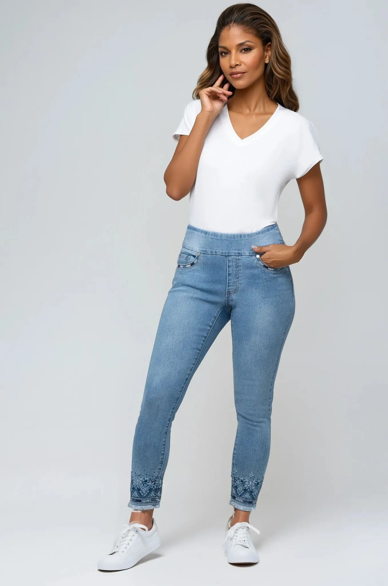 Ankle Pull-On Light Blue Jeans With Aztec Embroidery sold by Blue Faithful